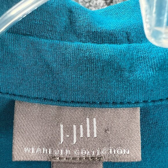 J Jill WearEver Women Wrap Dress Medium Blue Collared Long Sleeve Ruched Stretch - Picture 4 of 13